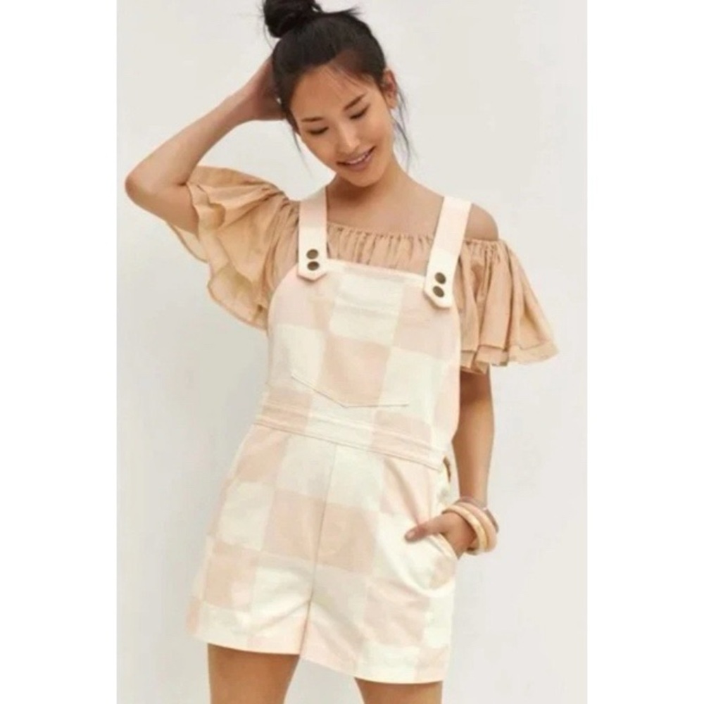 Anthropologie Hutch Checkered Soft Pink and Cream Overalls